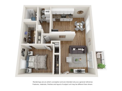 The Brookside Floor Plan - One Bedroom One Bathroom with 607 Square Feet